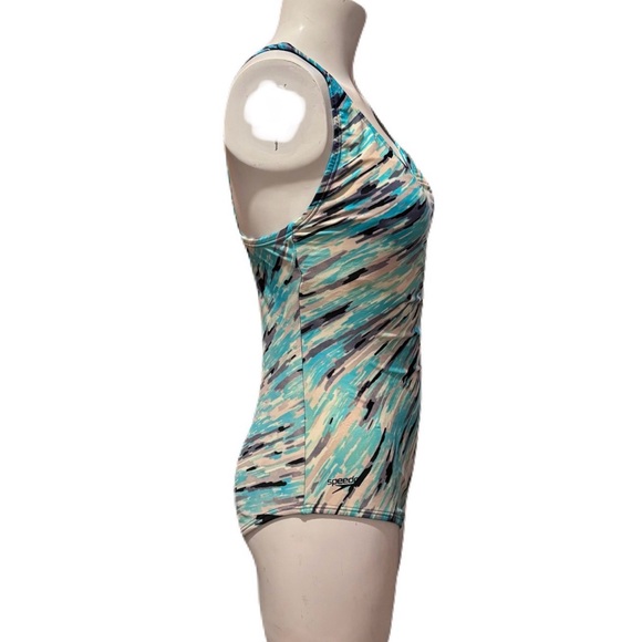 Speedo Turquoise Black Gray Abstract One Piece Bathing Suit Size 10 - Picture 4 of 11